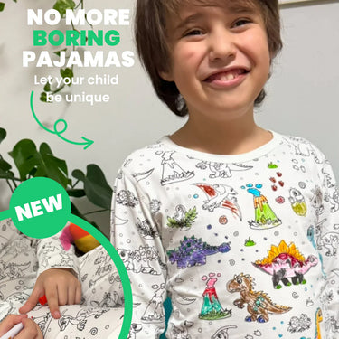 DinoDreams | Colorear y jugar - Conjunto de pijama DIY con estampado de dinosaurio